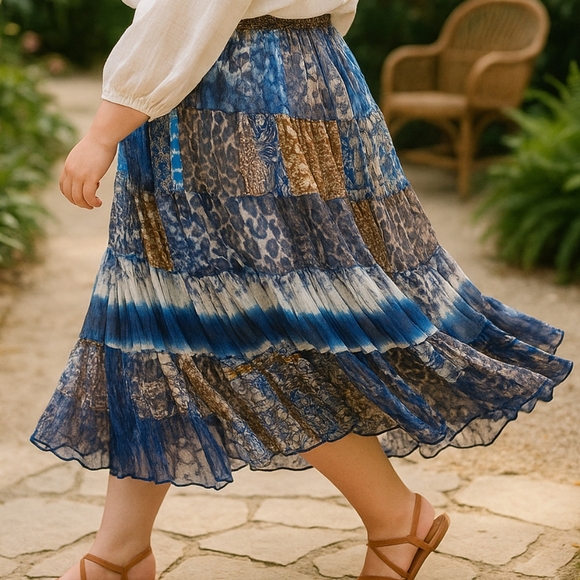 Patchwork Maxi Skirt Crinkled Chiffon Blue Brown Tiered Lined Chico’s Size 1 / 8 - Picture 12 of 12